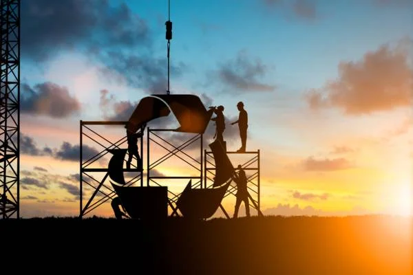 graphic construction workers building recycling symbol